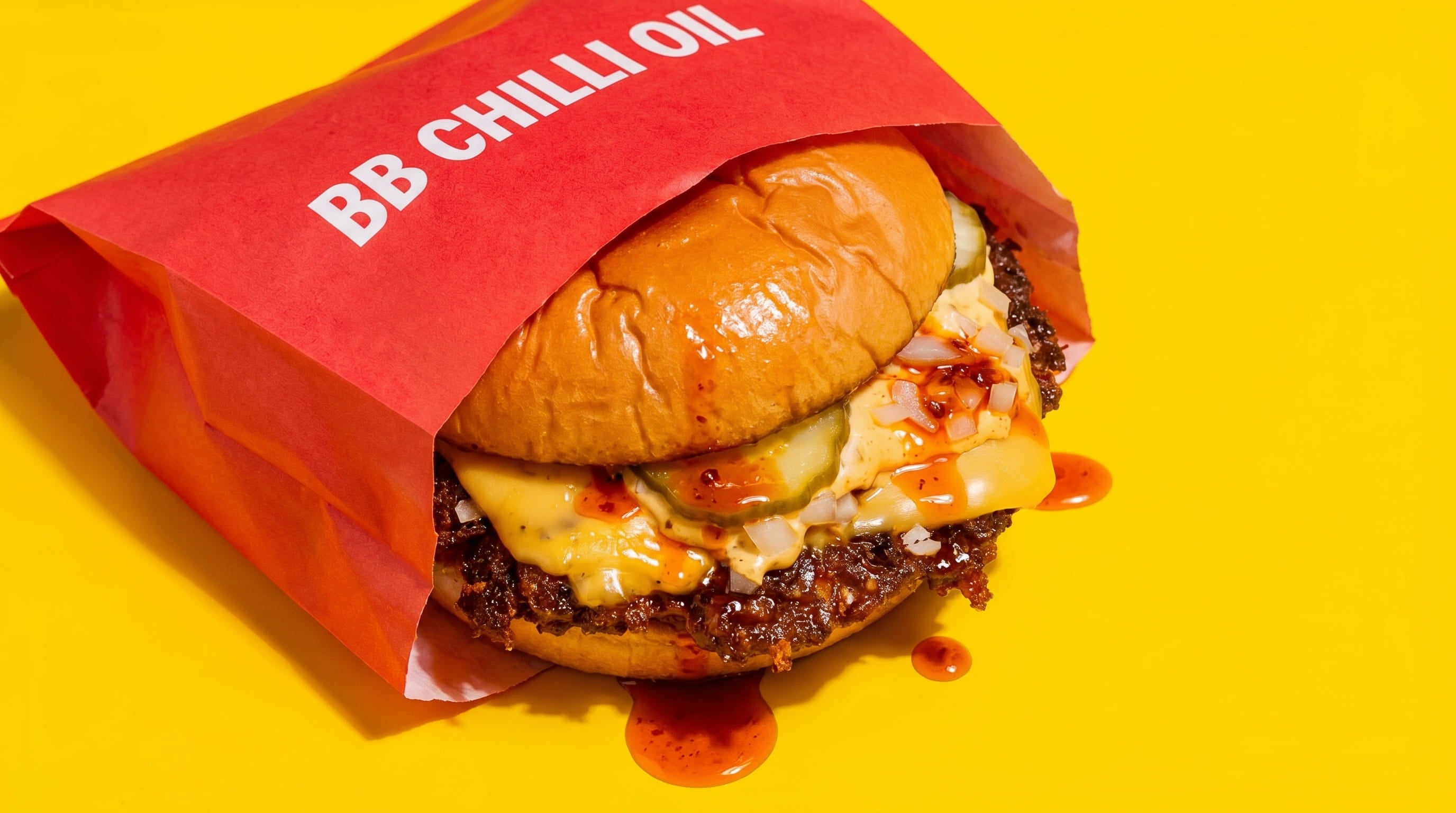 Hamburger with cheese and chili oil on a yellow background with a red bag labeled 'BB Chilli Oil'.